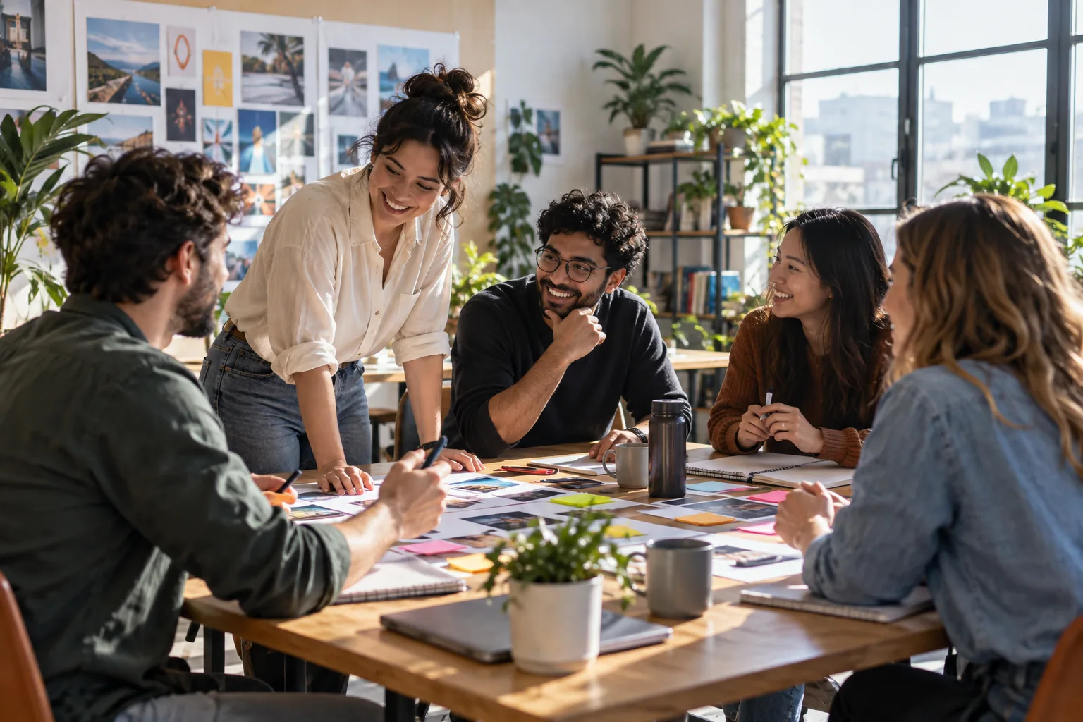 Creative marketing team collaborating around a table in a bright agency studio.