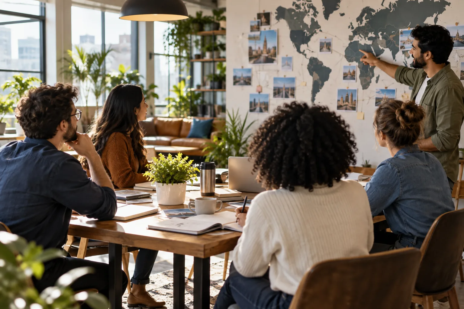 Growing business team planning a multi-location campaign in a relaxed modern office.