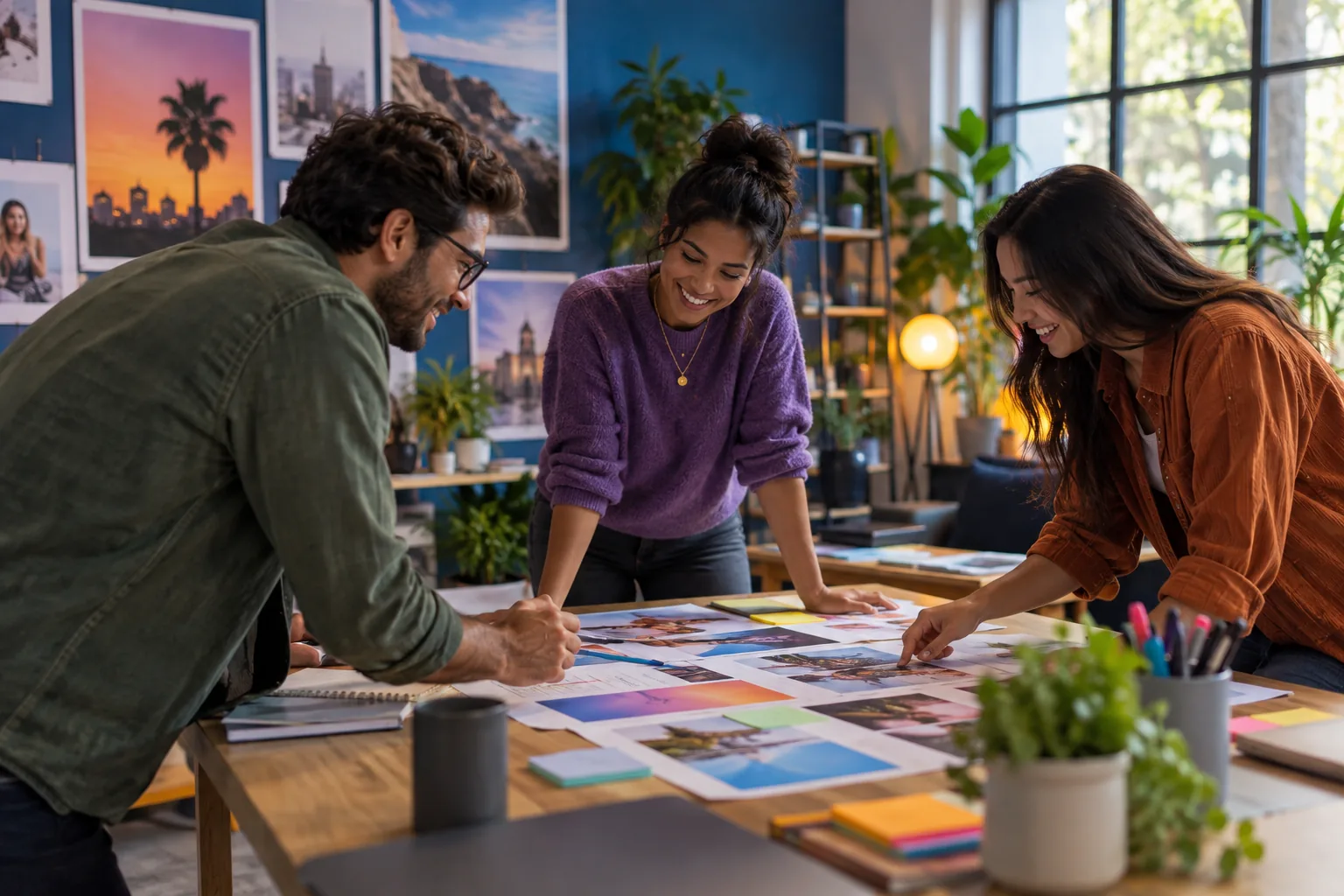 Focused marketing strategists reviewing campaign materials in a colorful studio.